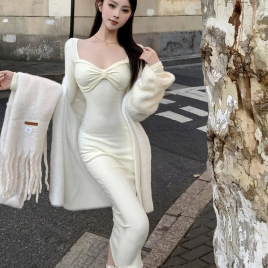 French Autumn New Bodycon Midi Dresses Square Collar Long Sleeve Slim Korean Party Dress Vestidos Mujer