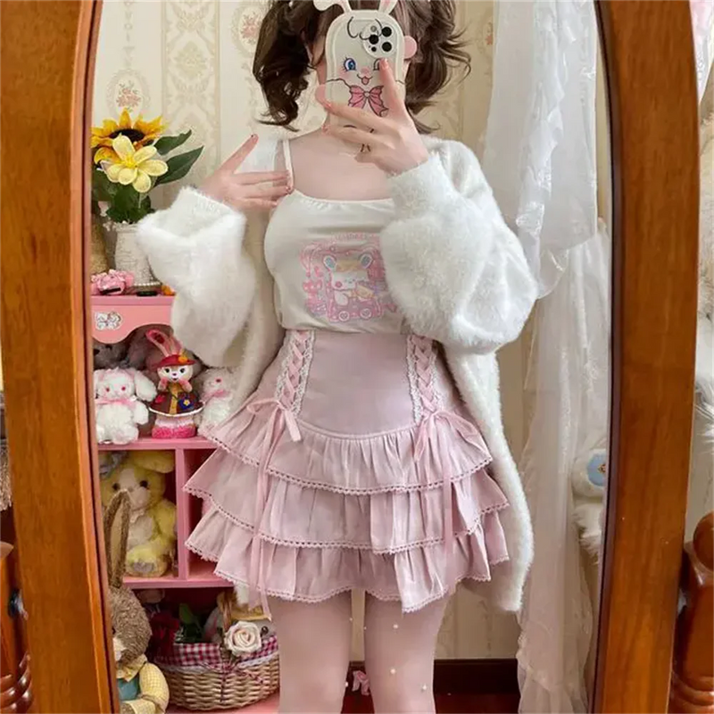High Waist Bow Laceup Fairy Y2k Aesthetic Cake Mini Skirts Japanese Harajuku Kawaii Lace Pleated Skirts
