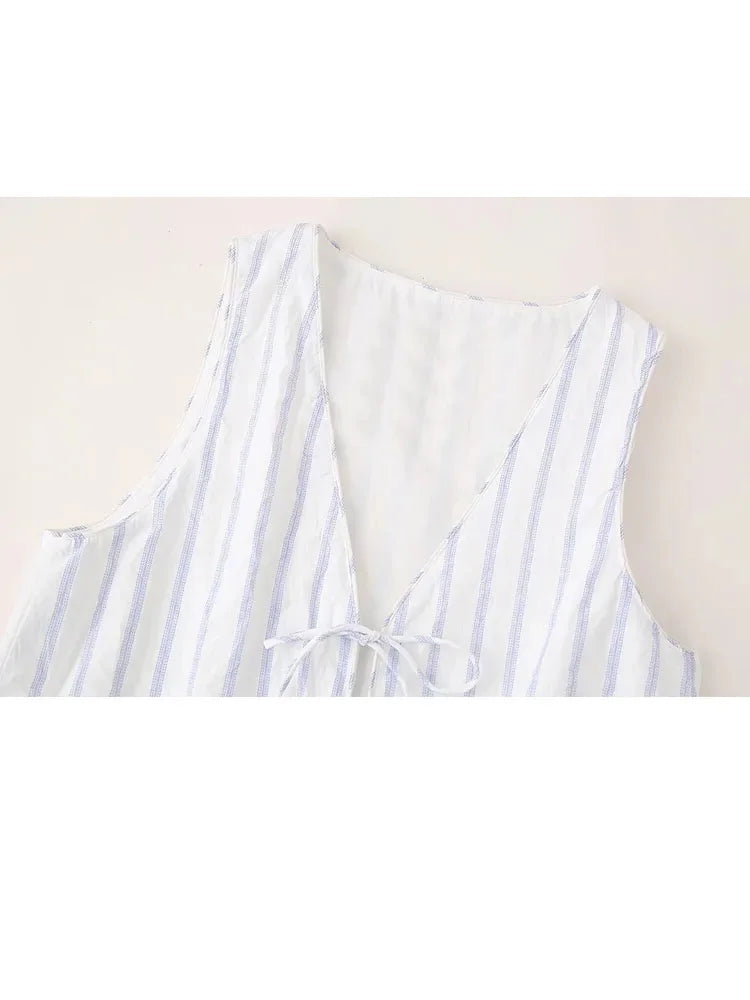 Summer Woman Stripe Vneck Tank Tops Sleeveless Slim Laceup Vests Female Cropped Waistcoat