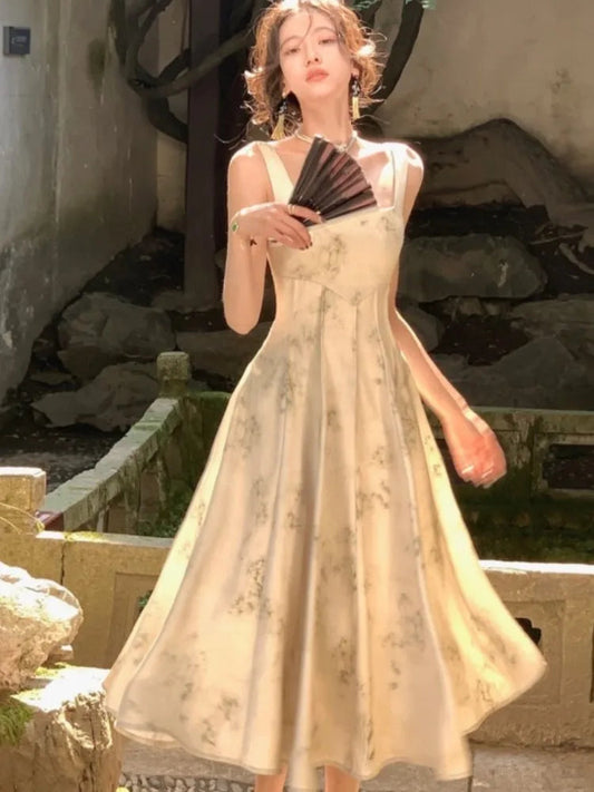 Satin Midi Dresses for Summer New Korean Vestido Wedding Evening Party Prom Clothes Female Robe