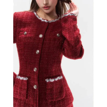 Red Christmas Skirts Set Clothing Winter New Sweet Waist Slimming Coat Mini Skirt Two Piece Set Outfits