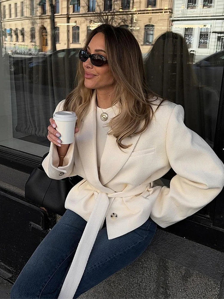Street Lace Up Cropped Blazer Coat Loose Lapel Pocket Long Sleeve Suit Jackets Female Spring White All-match Outwear
