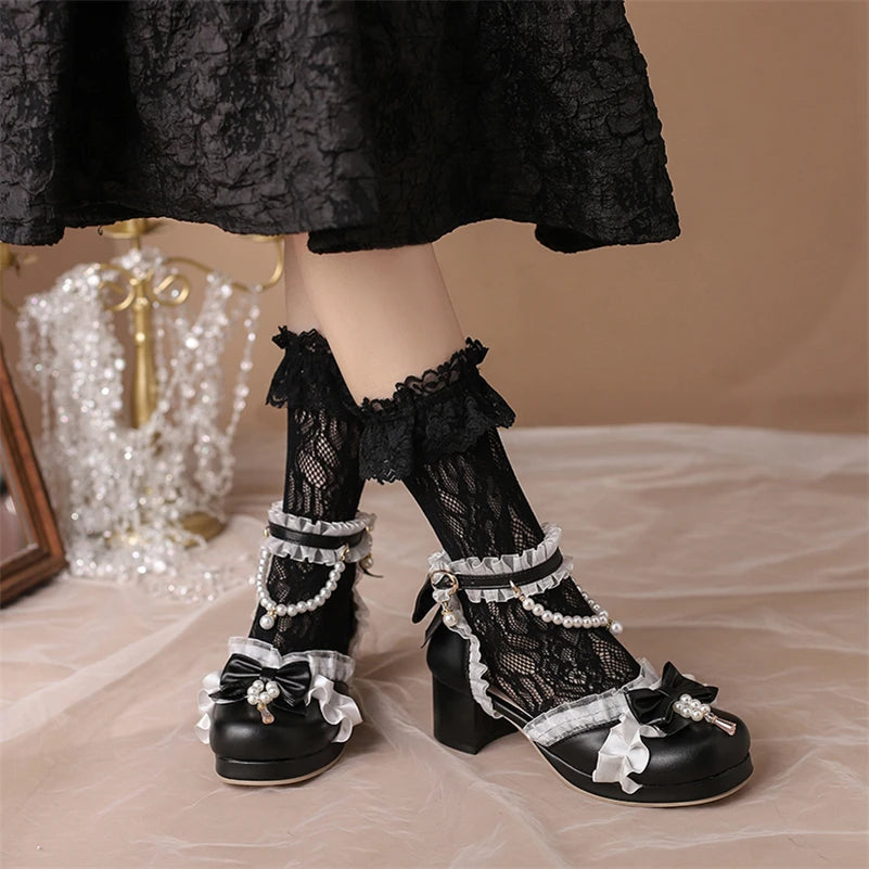 Kawaii Ankle Strap Lolita Pumps Round Toe Platform Thick Mid Heel Buckle Bow Bead Cosplay Lady Shoes Spring Autumn
