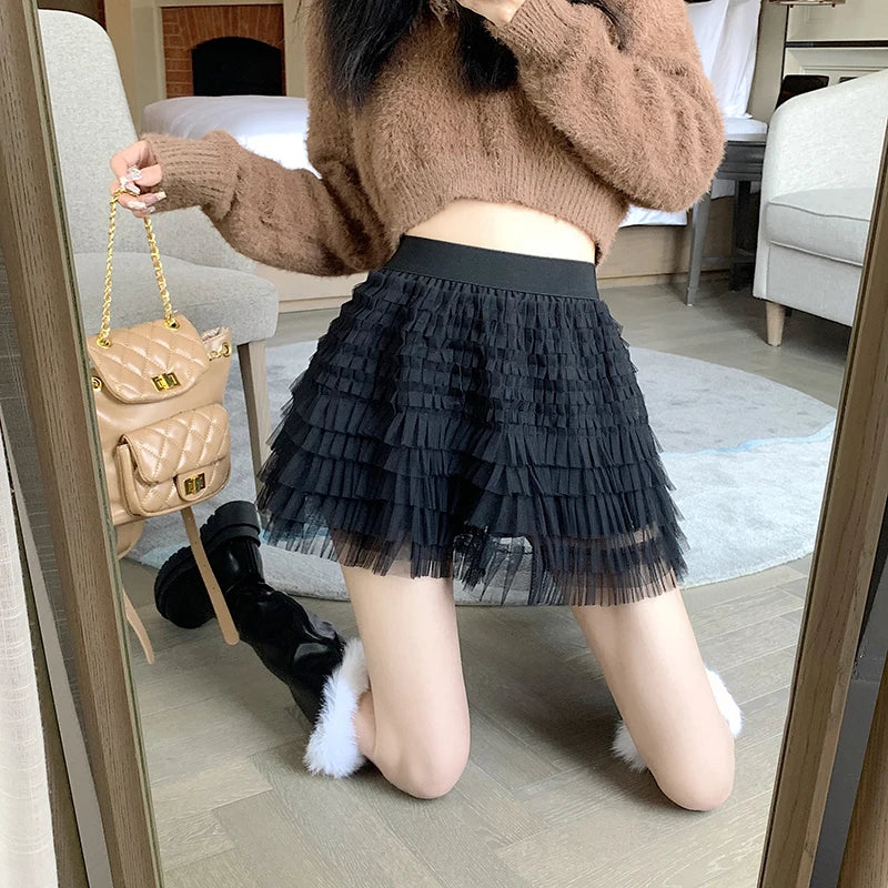 Black Tulle Mini Skirt Aesthetic Kawaii Ruffles Pink Mesh Skirts Summer Korean High Waist a Line Skirt
