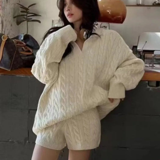 Korean Twopiece Set Vneck Loose Pullover Sweater Top Shorts Outfits Autumn New Suit Female Clothing