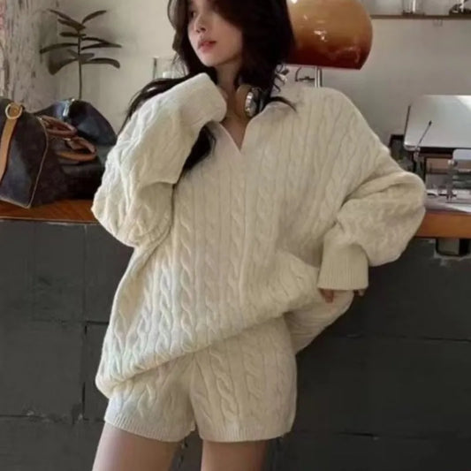 Korean Two-piece Set V-neck Loose Pullover Sweater Top Shorts Outfits Autumn New Suit Female Clothing