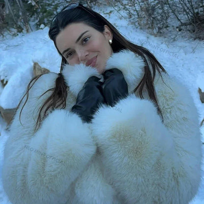 Brand Iconic Kendall Jenner Snow White Fox Fur Jacket Winter Fluffy Warm Faux Fur Coat