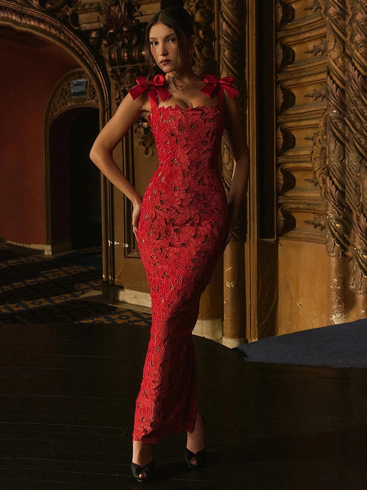 Bows Lace Maxi Dress for Sleeveless Backless Bodycon New Year’s Birthday Club Party Long Dress