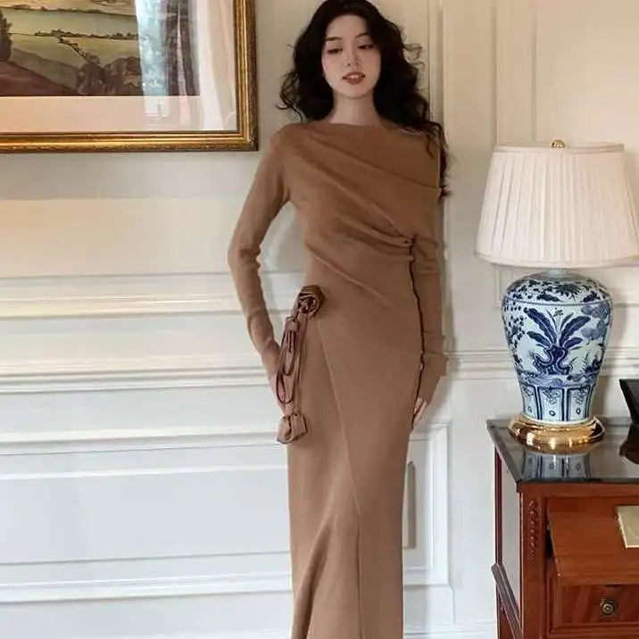 Sweater Skirt Sets Retro Skew Collar Irregular Pull Femme+3d Bandage Slim Bodycon Skirts