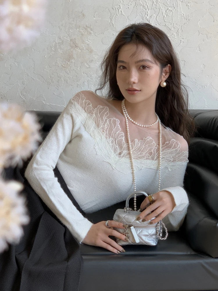 White Off Shoulder Knit Sweater Lace Transparent Mesh Long Sleeve Crop Pullovers Fairycore Aesthetics Clothes
