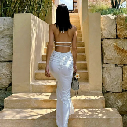 Halter Neck Hollow Long Dress White Pleated Backless Evening Dress Lace Up Sleeveless Long Dress
