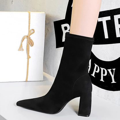Shoes High Heel Boots Suede Ankle Boots Pointed Toe Socks Boots Thick Heel Shoes Warm Winter Boots Size 43