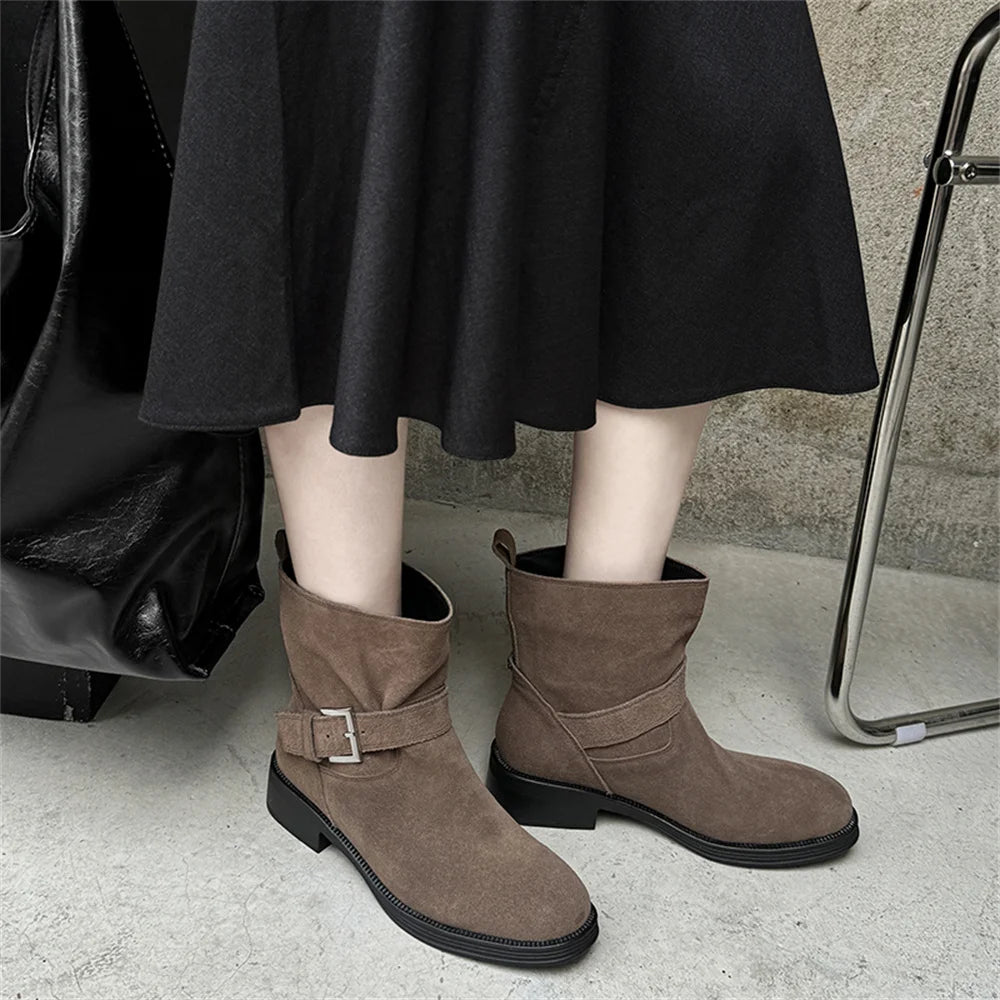 Ankle Boots Cow Suede Round Toe Motorcycle Boots Thick Low Heels Warm Autumn Winter Shoes Buckles Boots