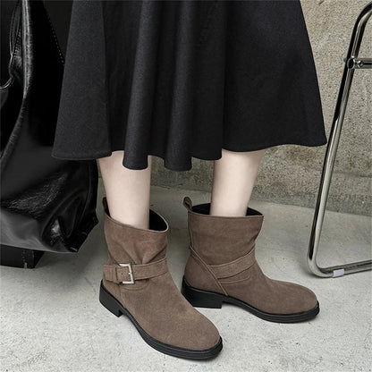 Ankle Boots Cow Suede Round Toe Motorcycle Boots Thick Low Heels Warm Autumn Winter Shoes Buckles Boots