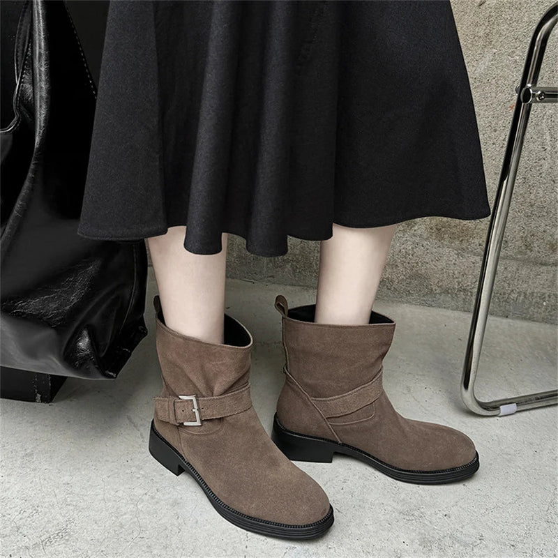 Ankle Boots Cow Suede Round Toe Motorcycle Boots Thick Low Heels Warm Autumn Winter Shoes Buckles Boots