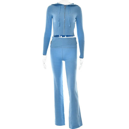 Knitted 2 Piece Sets Tracksuit Long Sleeve Zipper Hooded Sweater Crop Top Flare Pants Stretch Matching Suit Outfit