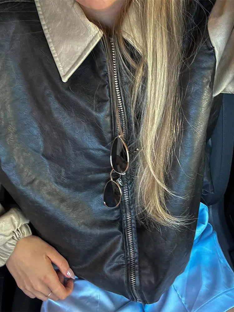Pu Leather Patchwork Coat Lapel Long Sleeve Zipper Motorcycle Jacket Autumn Lady Street Short Outwear