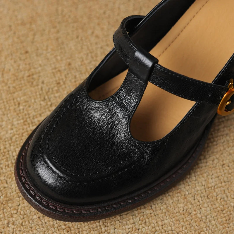 Sheepskin Chunky Heel Round Toe Tstrap Slipon Pumps British Style Retro Female Med Heeled Shoes for Autumn