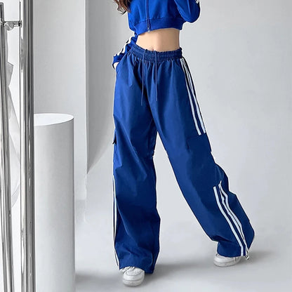 Striped Sweatpants Hip Hop Baggy Wide Leg Cargo Pants Bf Y2k High Waist Drawstring Joggers Trousers