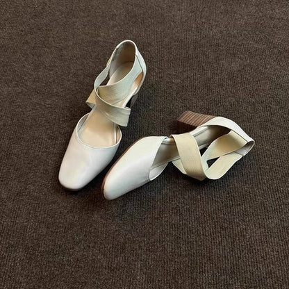 Sshoes Square Toe Thick Middle Heel Cross Elastic Cowhide Color Office Shallow Single Shoes