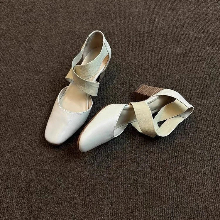 Sshoes Square Toe Thick Middle Heel Cross Elastic Cowhide Color Office Shallow Single Shoes