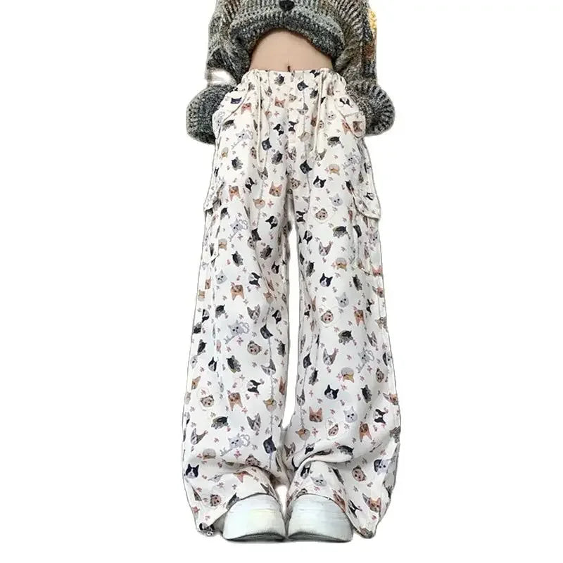Retro Graffiti Design Sense Work Suit Pants 90s Hot Girl Y2k Straight Tube Sports Street Dance Wide Leg Pants