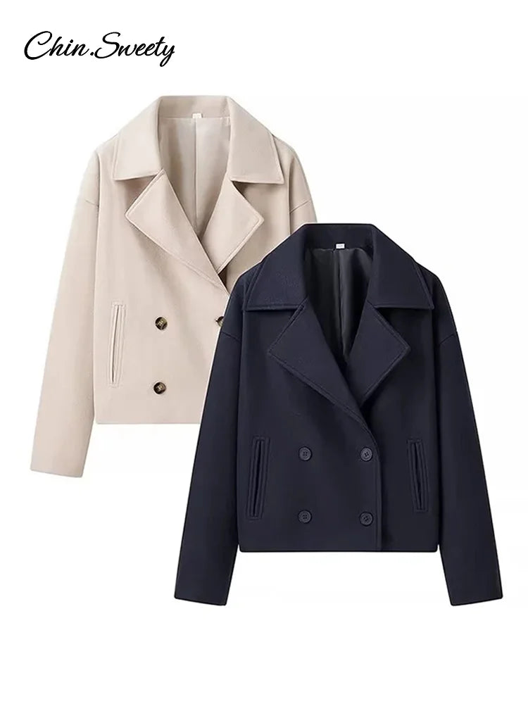 Loose Woolen Blends Coat Lapel Double Breasted Pockets Jackets Autumn Winter Lady Office Outwear New