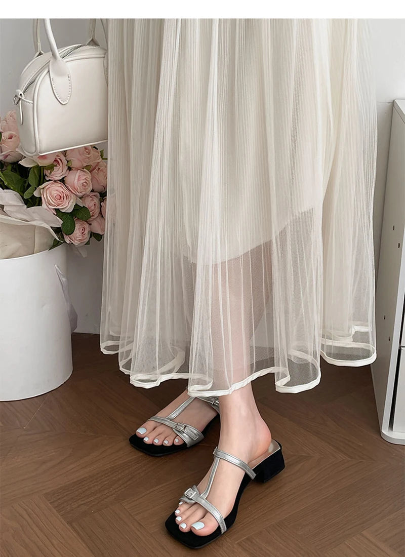 Summer Open Toe Slippers Thick Heel Beach Vacation Slides Party Dress Shoes