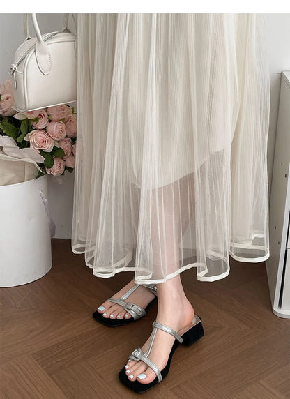 Summer Open Toe Slippers Thick Heel Beach Vacation Slides Party Dress Shoes