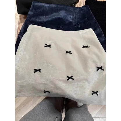 Contrast Color Bow Spliced Velvet Aline Skirt Spring New Korean High Waist All Match Mini Skirt