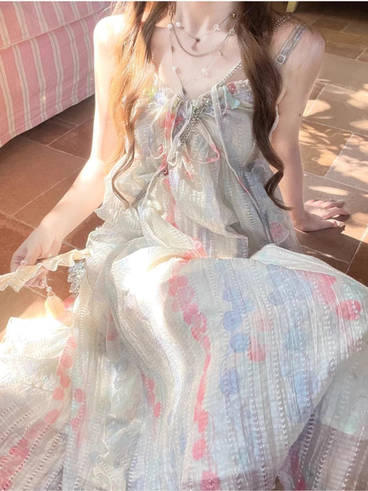 Kawaii Sweet Y2k Japanese Midi Dress Lace Design Camisole Dresses French Evening Party
