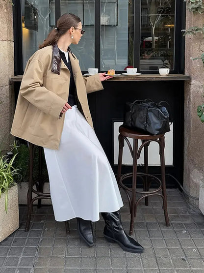 Leather Collar Cargo Jacket Button Down Plaid Pattern Patchwork Jackets Contrast Color Trench Coat Loose Outwear