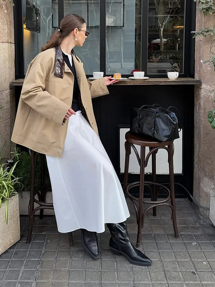 Leather Collar Cargo Jacket Button Down Plaid Pattern Patchwork Jackets Contrast Color Trench Coat Loose Outwear