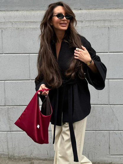 New Black Lace Up Overcoats Autumn Office Jackets Slim Fit Pleated Coat V-neck Commute for Lady Coats