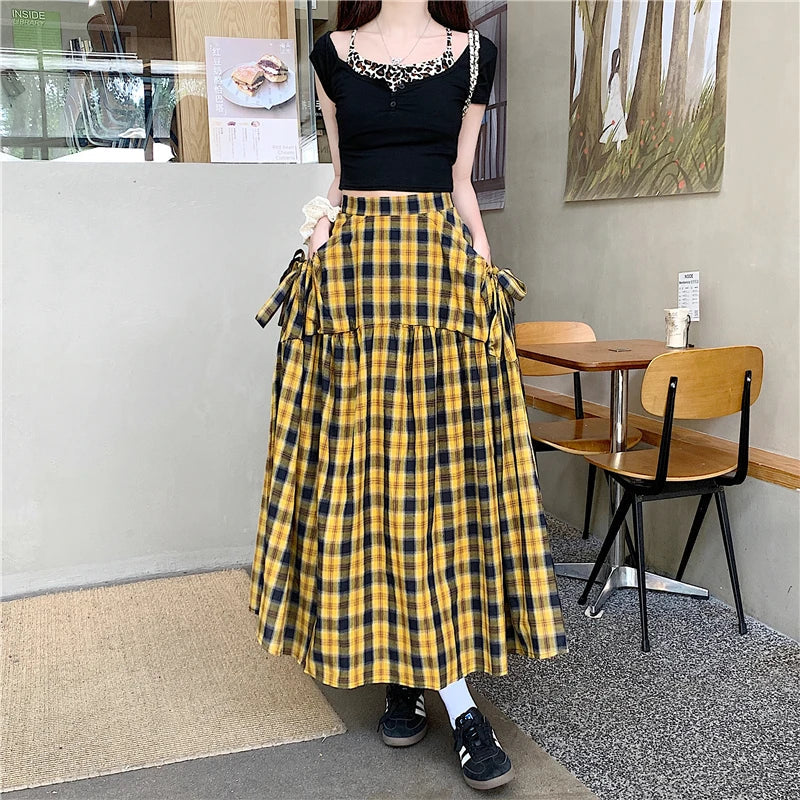 American Long Skirts for Arrival Plaid Lace Up High Waist Color Patchwork Pleated Skirts Skirt