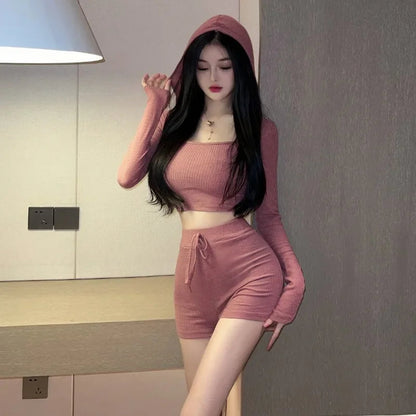 Sweet Hot Girl Pure Suit Autumn Short Hooded Knitwear High Waist Tight Shorts Twopiece Set Female Clothes