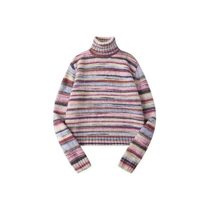 French High Collar Sweater Rainbow Stripe Pullovers Age Reduction O Neck Knitwears Korean Sueter Mujer