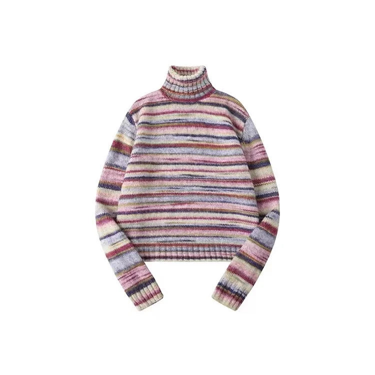 French High Collar Sweater Rainbow Stripe Pullovers Age Reduction O Neck Knitwears Korean Sueter Mujer