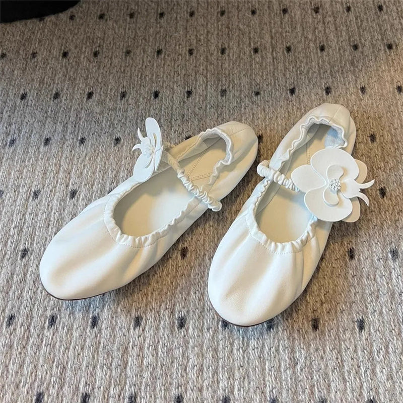 Round Toe Flower Sandals Flat Mary Janes Elastic Band Ballet Shoes Slip on Wrinkles Summer Dress Shoes