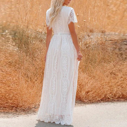 Jacquard Embroidery Lace Party Dress Spring Vneck High Waist Long Dress Summer Short Sleeve Loose Maxi Dress