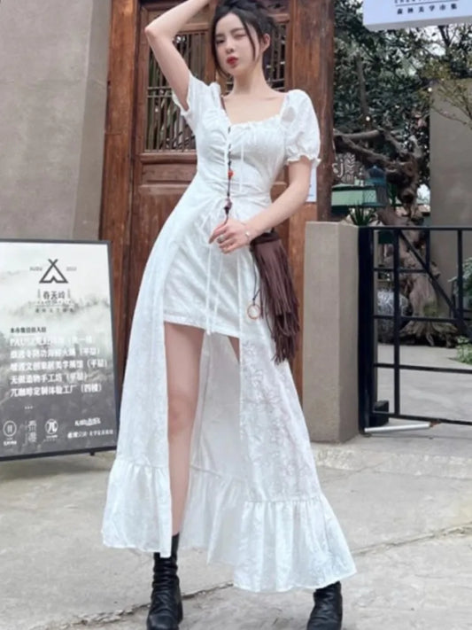Y2k Long Dresses for Puff Sleeve Lace-up A-line Off Shoulder Club Party Dress Summer New Korean One Piece Vestido