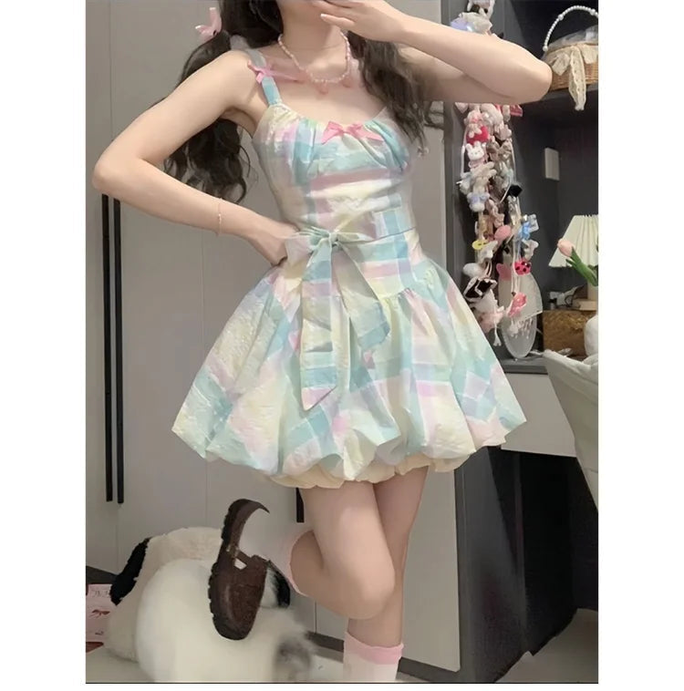 Rainbow Dresses Sweet Sleeveless Bow Slash Neck Sweet Summer Bud Mini Dress Female Party