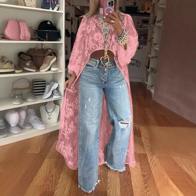Lace High Neck Puff Sleeve Blouse