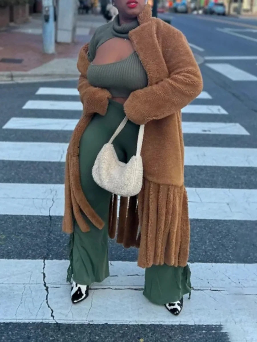 Faux Fur Warm Coat Lapel Loose Long Sleeve Hem Tassel Plush Overcoat Winter New Tide