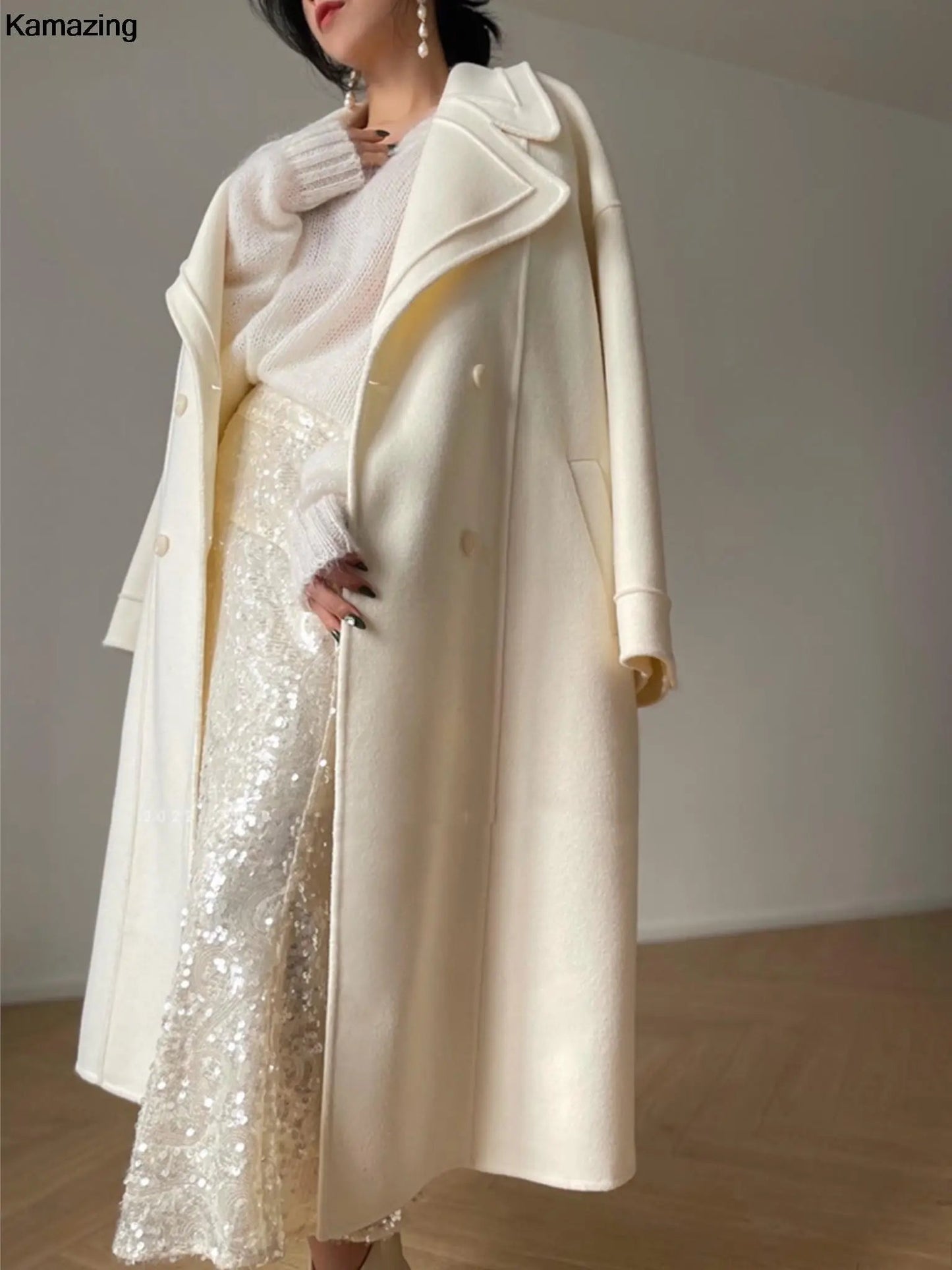 New Woolen Long Coat Spring Warm Double Breasted Lapel Overcoat With Belt Female