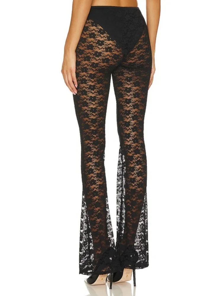 Long Micro Flare Y2k Pants Slim Fit Mesh Patchwork Pants High-waisted High-stretch