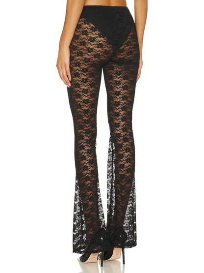 Long Micro Flare Y2k Pants Slim Fit Mesh Patchwork Pants High-waisted High-stretch