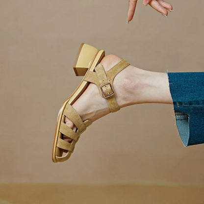 New Summer Sandals Sheep Suede Leather Shoes for Round Toe Chunky Heel Shoes Cover Toe Sandals Gladiator Shoes