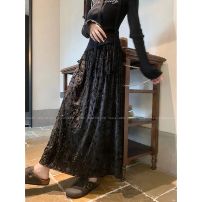 Korean High Waist Color Midlength Skirt Spring New All Match 3d Jacquard Loose Aline Skirt