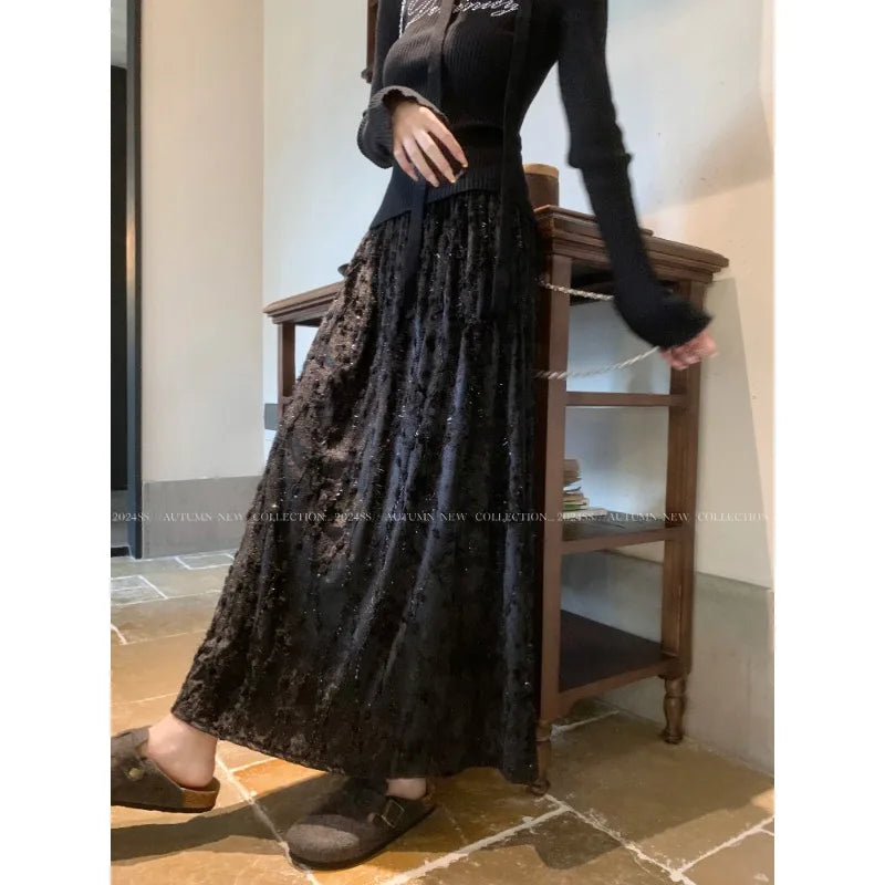 Korean High Waist Color Midlength Skirt Spring New All Match 3d Jacquard Loose Aline Skirt